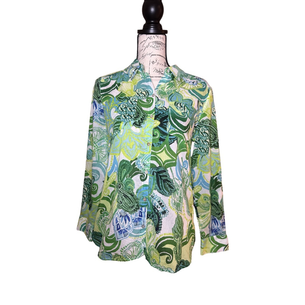 Chico’s Sz 0 Abstract Green, Blue & White Paisley Long Sleeve Button Down Blouse
